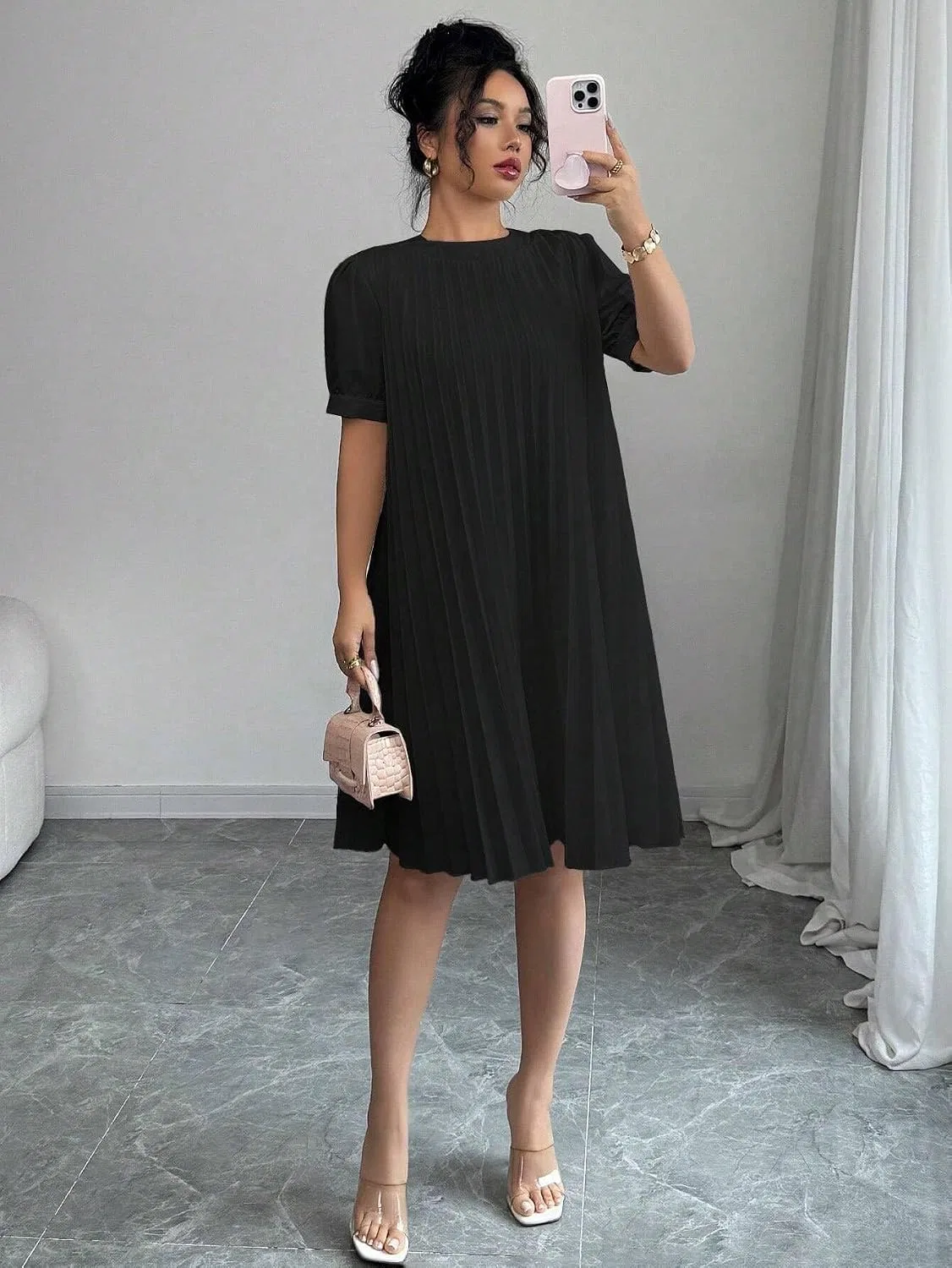 Женское повседневное платье A-силуэта с пышными рукавами, Black — фото 3