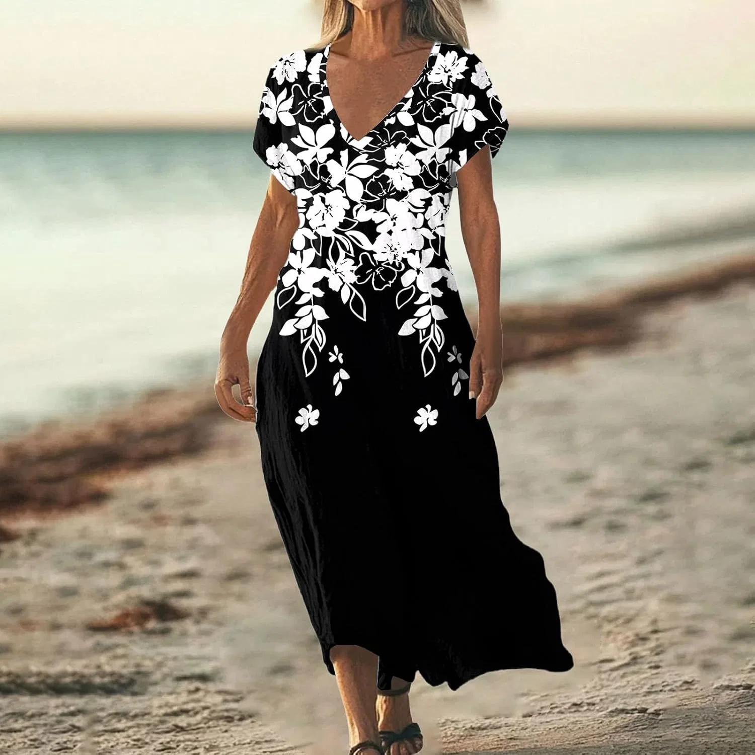Женское летнее платье макси с V-образным вырезом из льняного хлопка Casual Boho, Black — фото 2