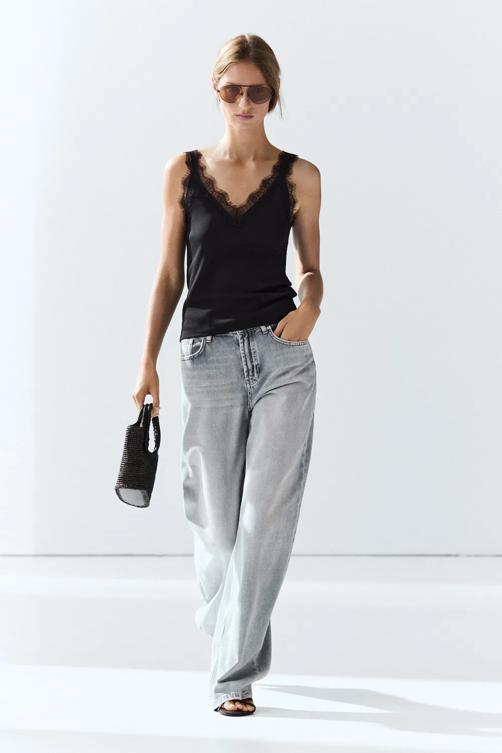Топ Massimo Dutti Strappy Lace-Trim, черный — фото 3