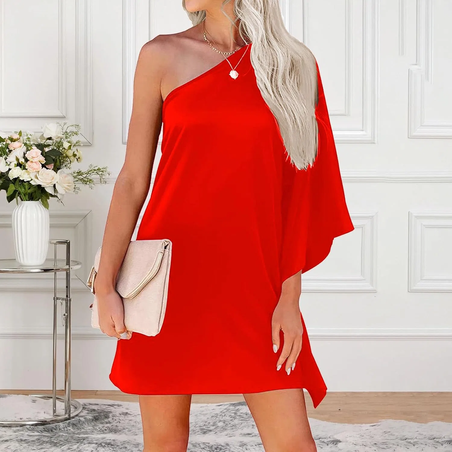 Женское асимметричное платье с одним рукавом летучей мыши Casual Elegant, Red — фото 3