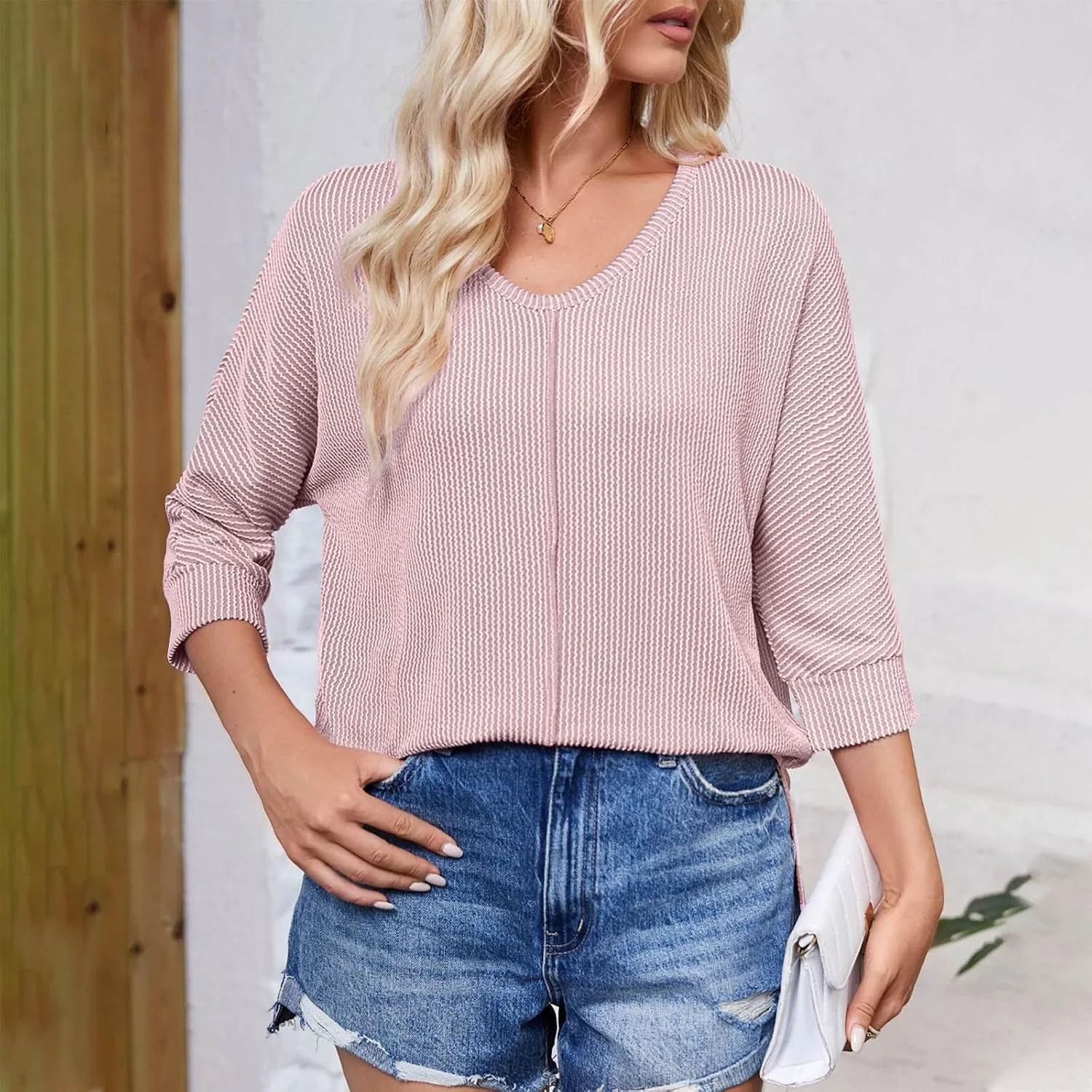 Женская туника с длинным рукавом 3/4, Solid Color, A01 Pink — фото 4