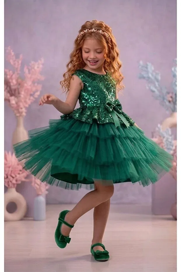 Детское платье для девочек с пайетками Emerald Green Sequined Tulle Delfini Kids, Green — фото 4
