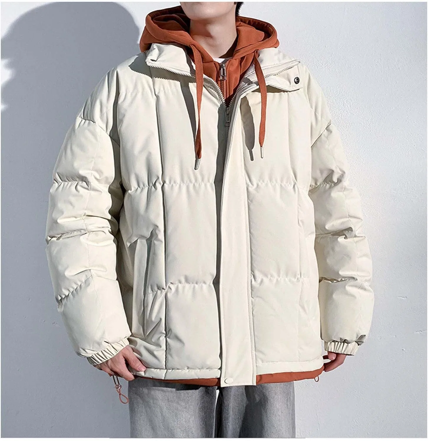 Мужское зимнее пальто с принтом Color Block Zip up Long Sleeve Hood Puffer, белый — фото 4