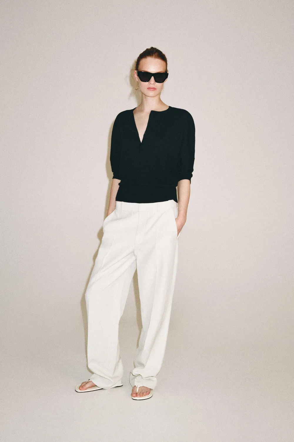 Хлопковая футболка Henley ZARA, Black — фото 4