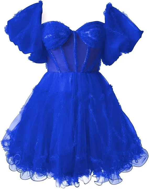 Женское коктейльное платье А-силуэта с пышными рукавами Tulle, Royal Blue