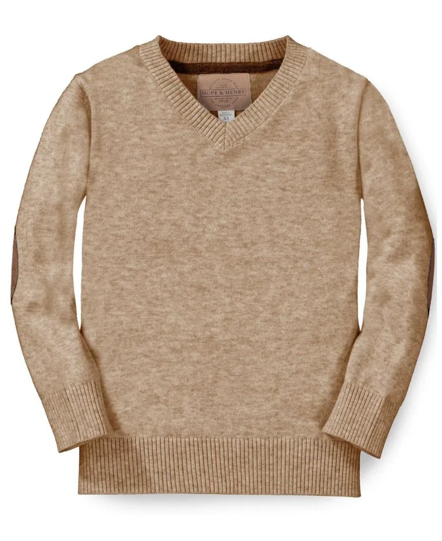 Свитер с V-образным вырезом и налокотниками Hope & Henry, Camel Heather