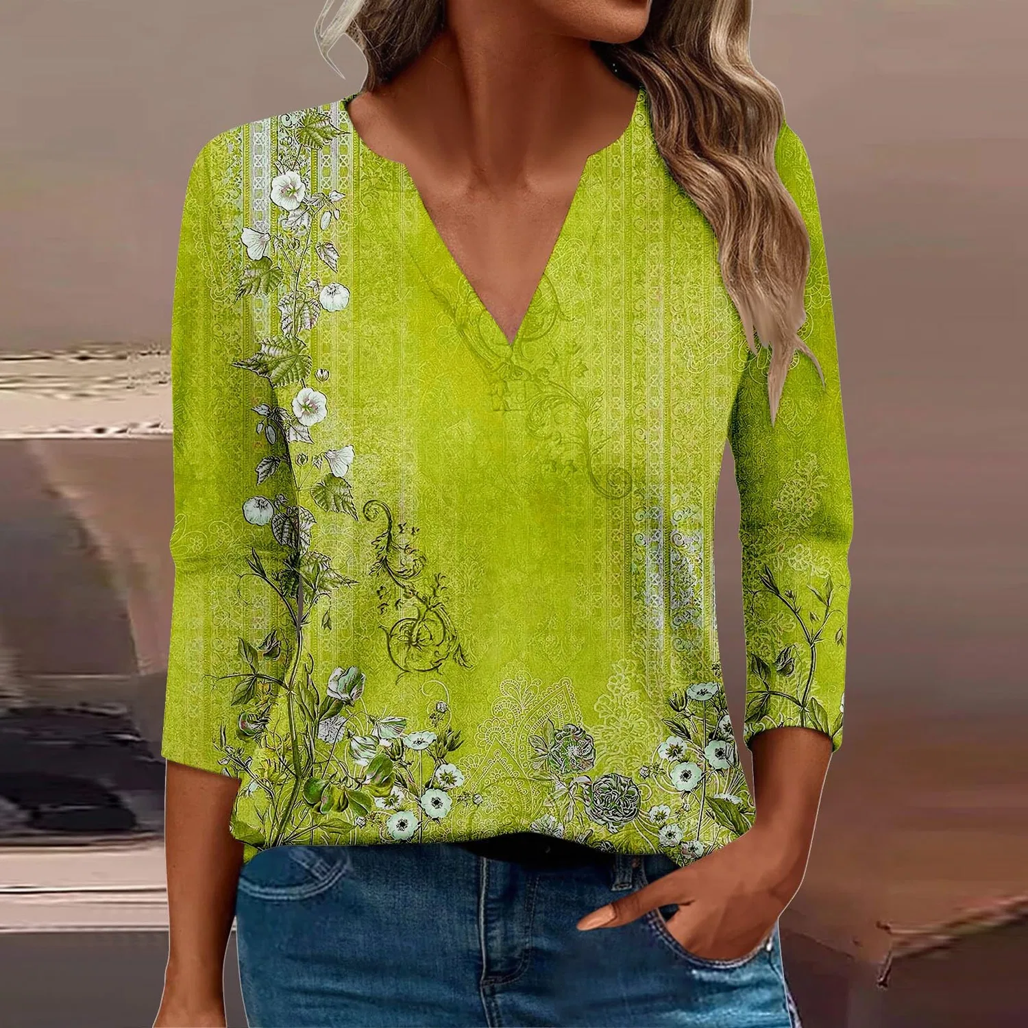 Женская блуза с принтом Women Blouses 3/4 Sleeve V Neck Casual Elegant Summer Boho Floral Print Blouses, 42#giallo — фото 2