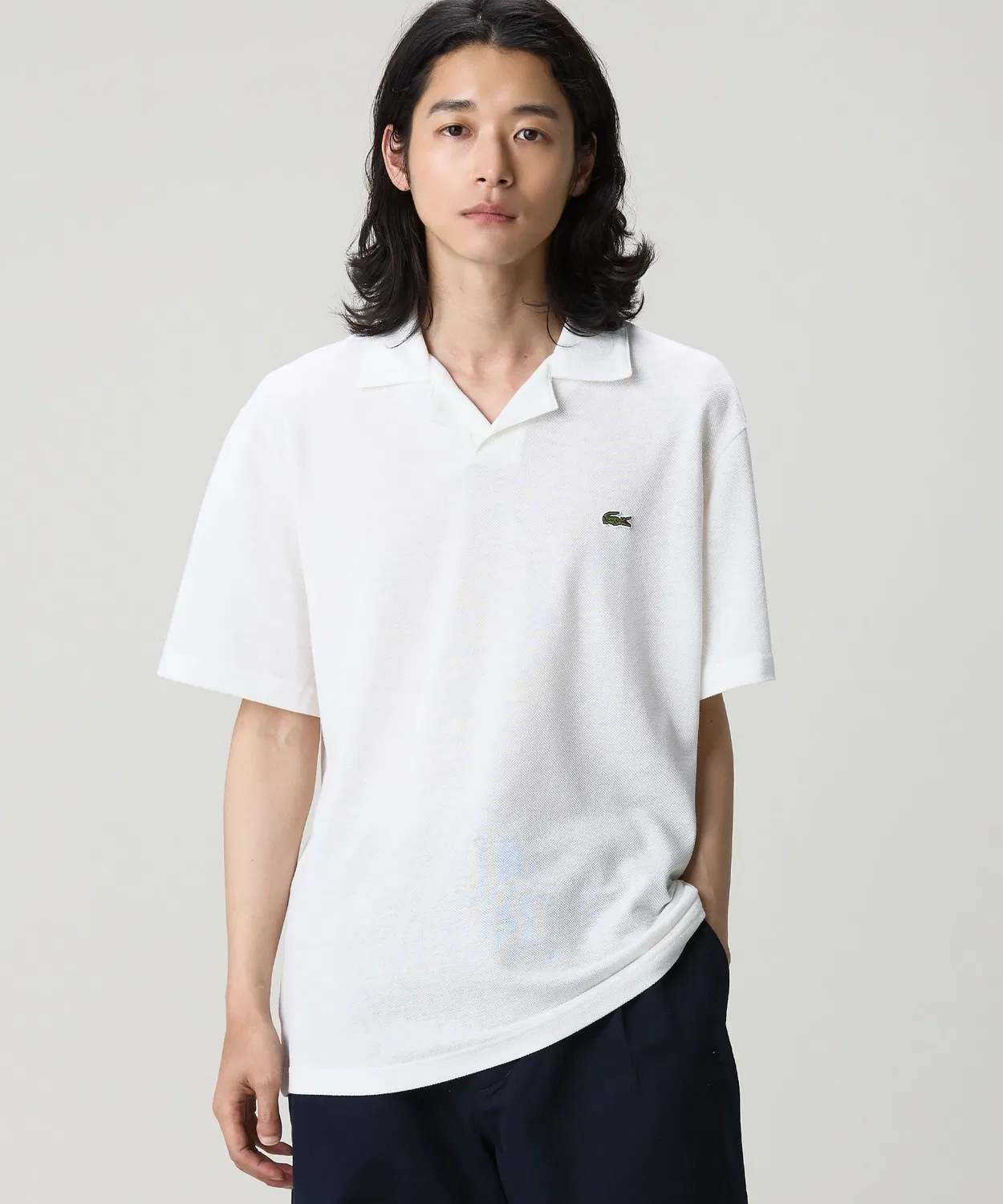 Мужская футболка поло с открытым воротом, хлопок и лен, Classic Fit LACOSTE, Off White