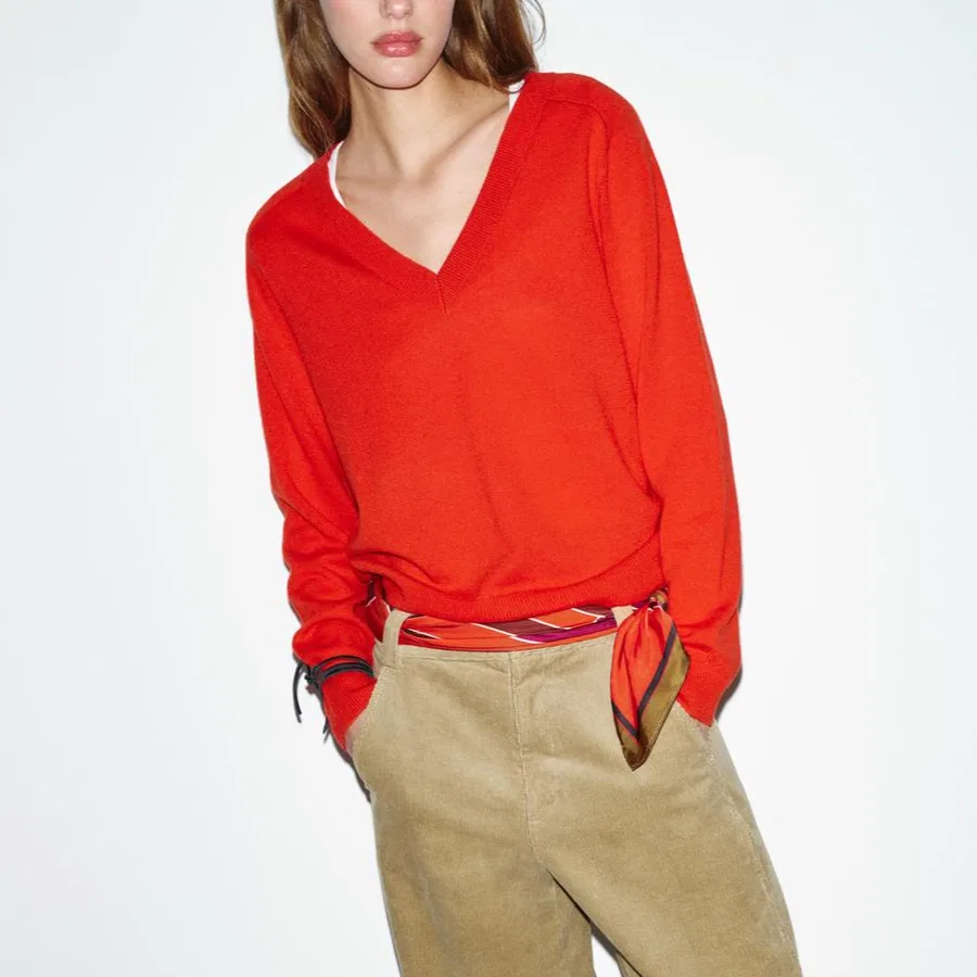 Женский свитер с V-образным вырезом Red/Coral ZARA, Красный/Коралловый — фото 4