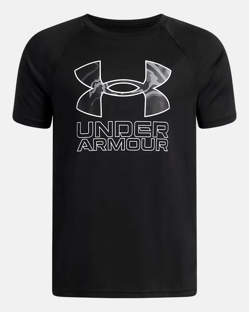 Футболка для мальчиков с коротким рукавом, влагоотводящая UA Tech Hybrid Print UnderArmour, Black/White