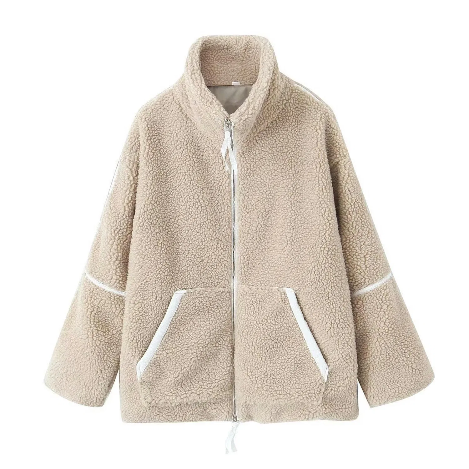 Женская куртка из вельвета тэдди с молнией и воротником-стойкой Beige, beige — фото 3