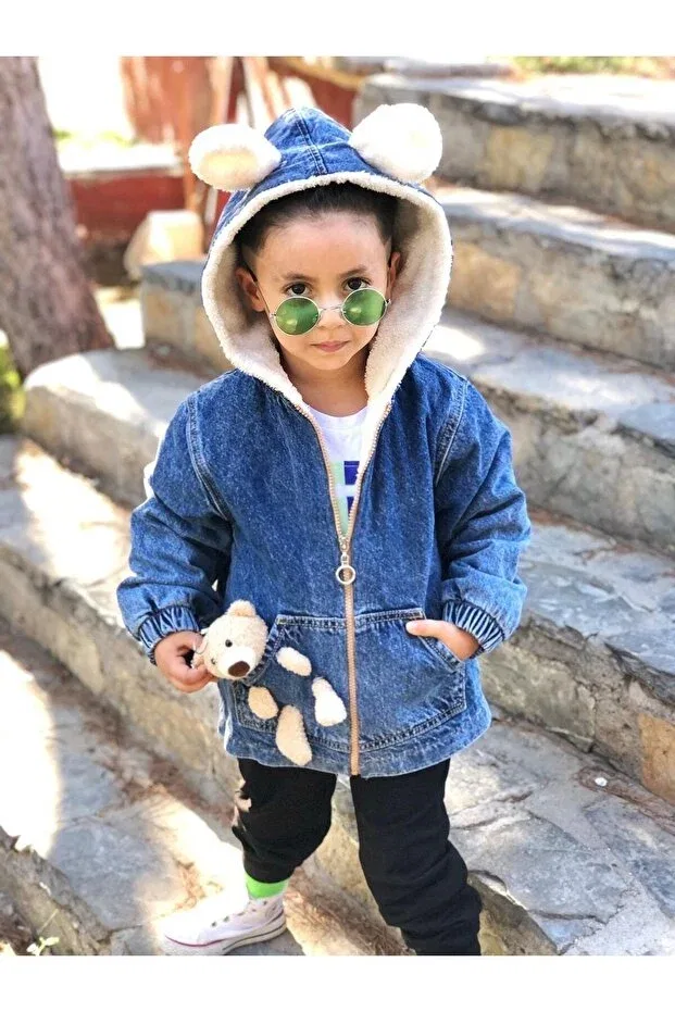 Детское пальто для девочек с капюшоном Teddy bear jeans coat Minigimin Dolabı, Hakdshfi7294949