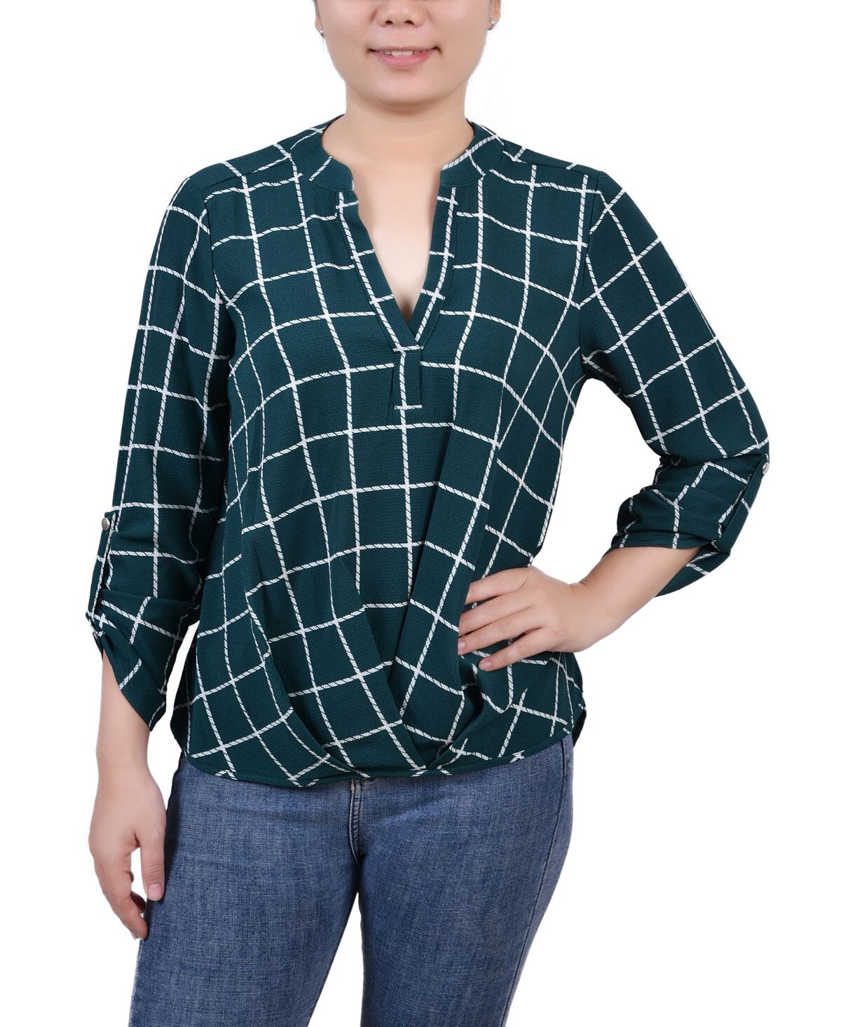 

Блузка petite size 3/4 с пуговицами и воротником-стойкой со складками спереди NY Collection, мульти