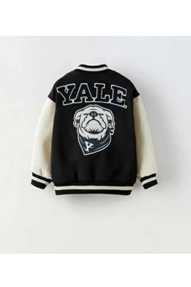 Детская куртка-бомбер с принтом Unisex bomber college jacket patch appliqued back printed Oliveyoumom, Black Cream — фото 2