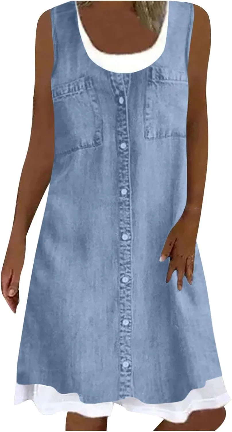 Женское летнее джинсовое платье с имитацией двухслойности A-Line, Light Blue