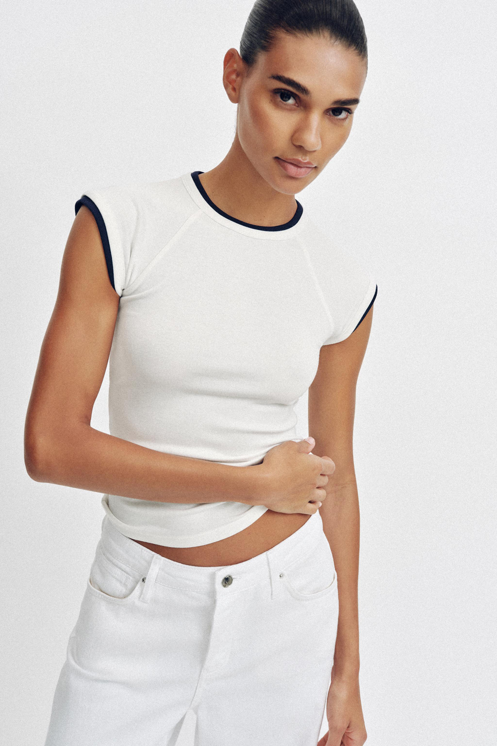 Футболка Zara Double Short Sleeve Effect, устрично-белый — фото 2
