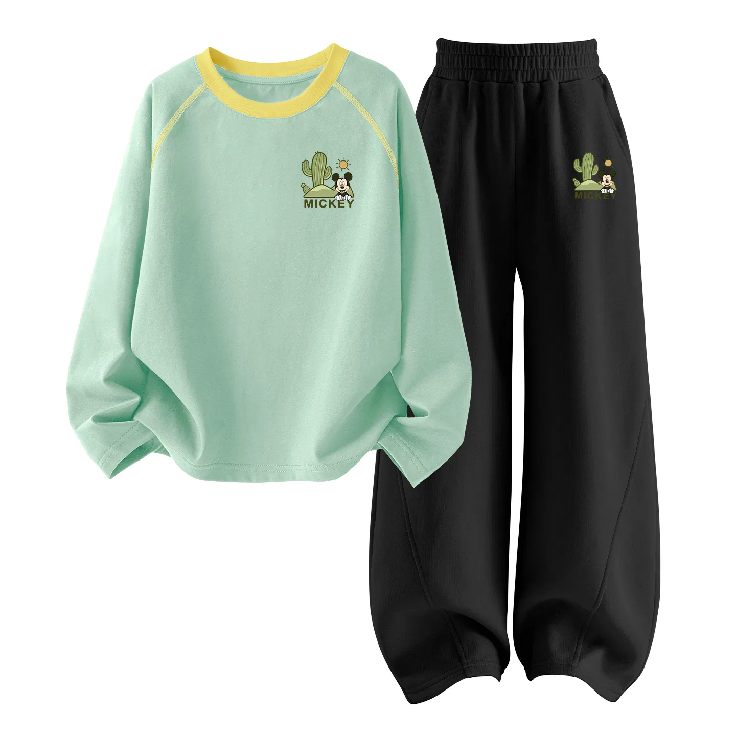 Детский спортивный костюм с круглым вырезом Disney, Цвет Diziqi K Spring Sprout Green+Didiqi K Black