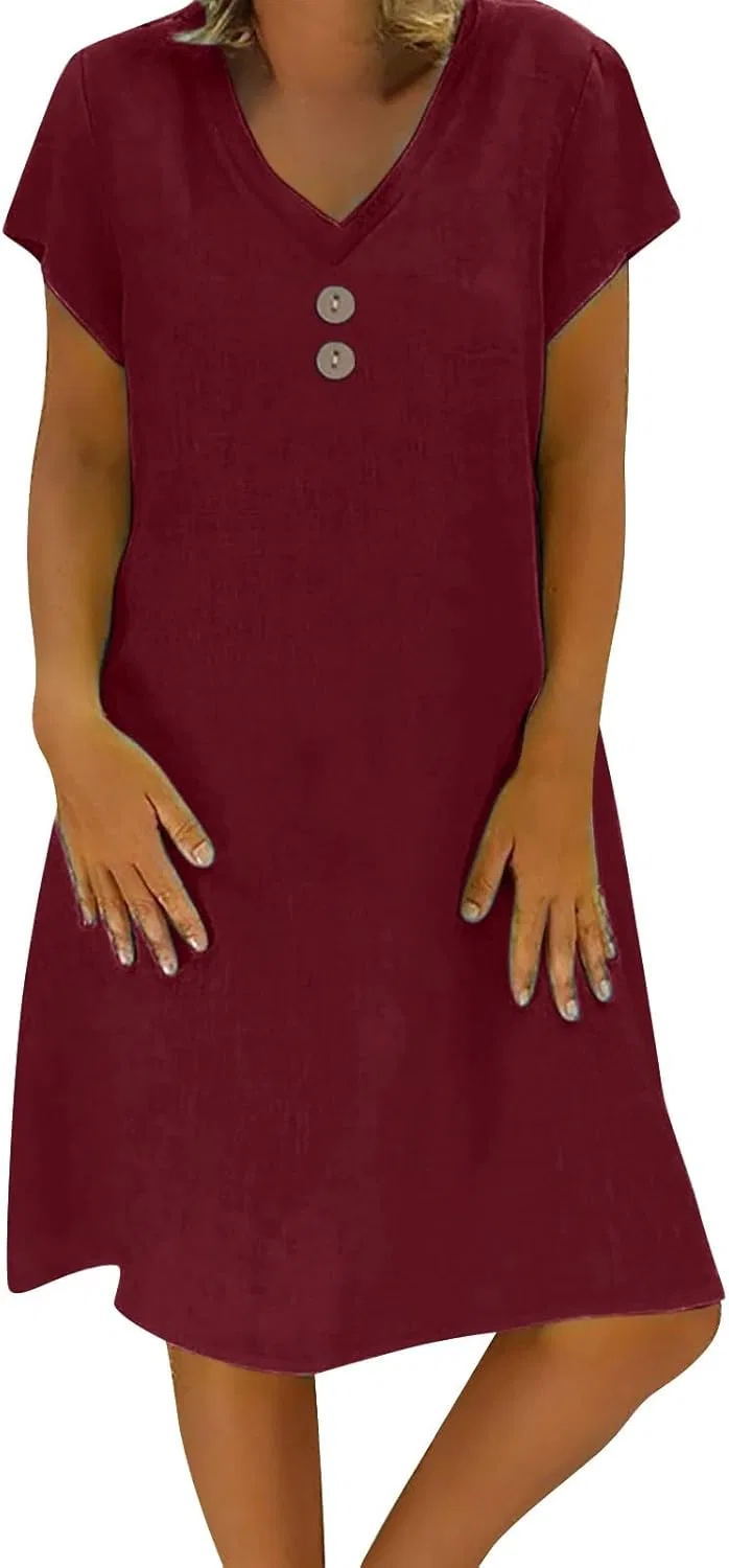 Женское платье миди с V-образным вырезом Cotton Linen, Wine