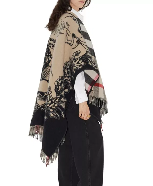 Женский плащ-накидка из шерсти с принтом Reversible EKD Check Wool Cape Burberry, Archive Beige — фото 3