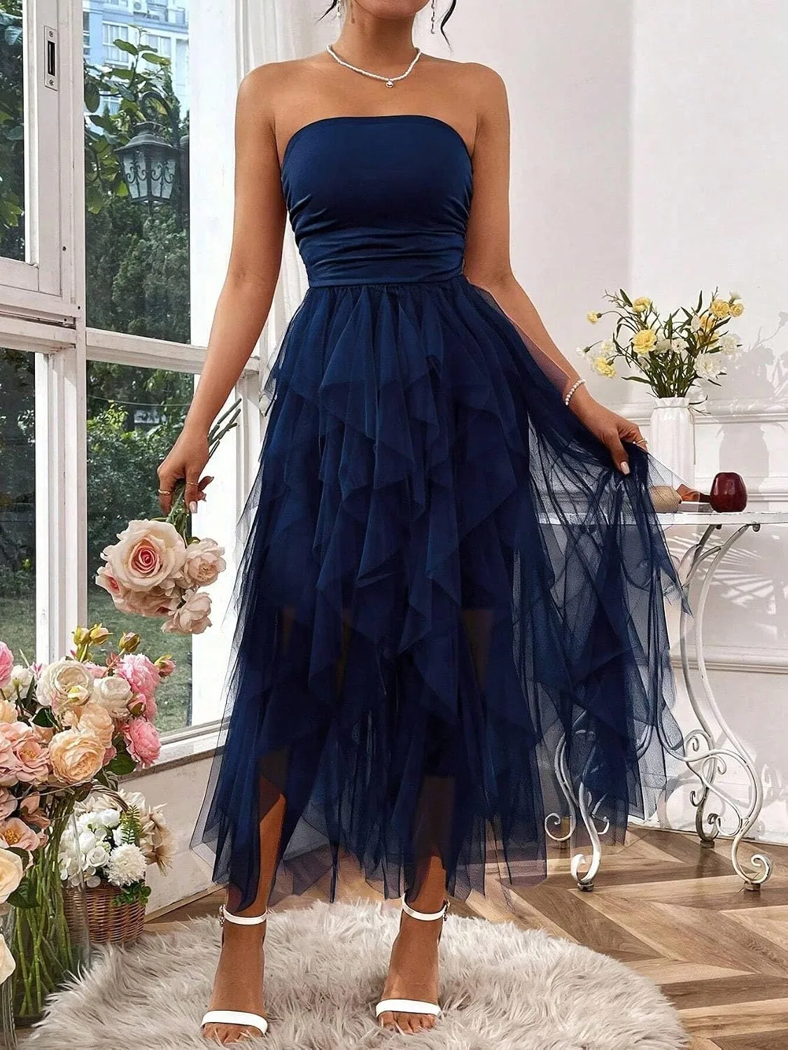 Женское A-силуэта миди платье с сетчатой вставкой, Navy Blue — фото 4
