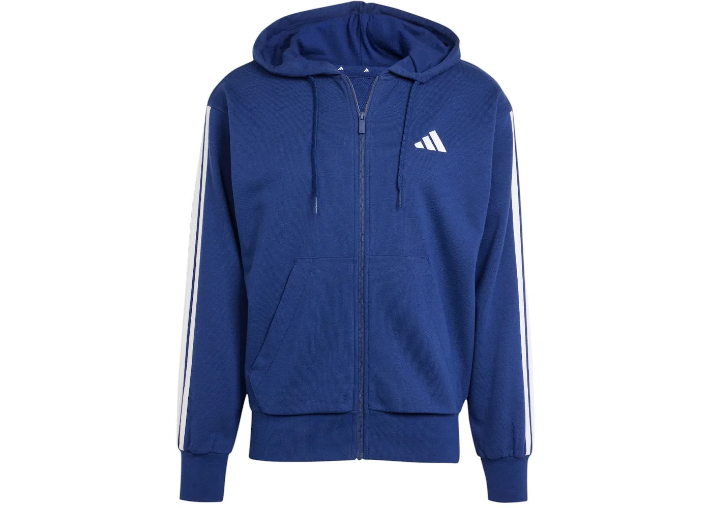 Мужская худи на молнии с принтом Adidas Essentials 3-Stripes French Terry Full-Zip Hoodie, Dark Blue/White