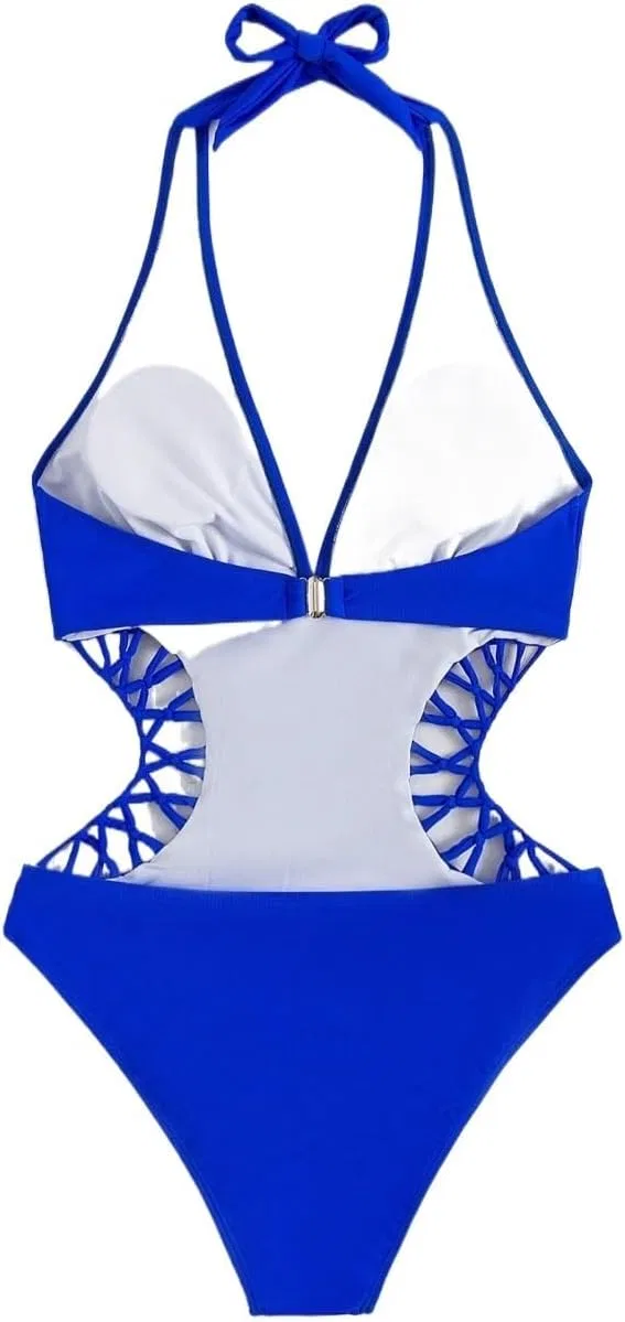 Женский цельный купальник монокини с вырезами Halter Elegant, Royal Blue