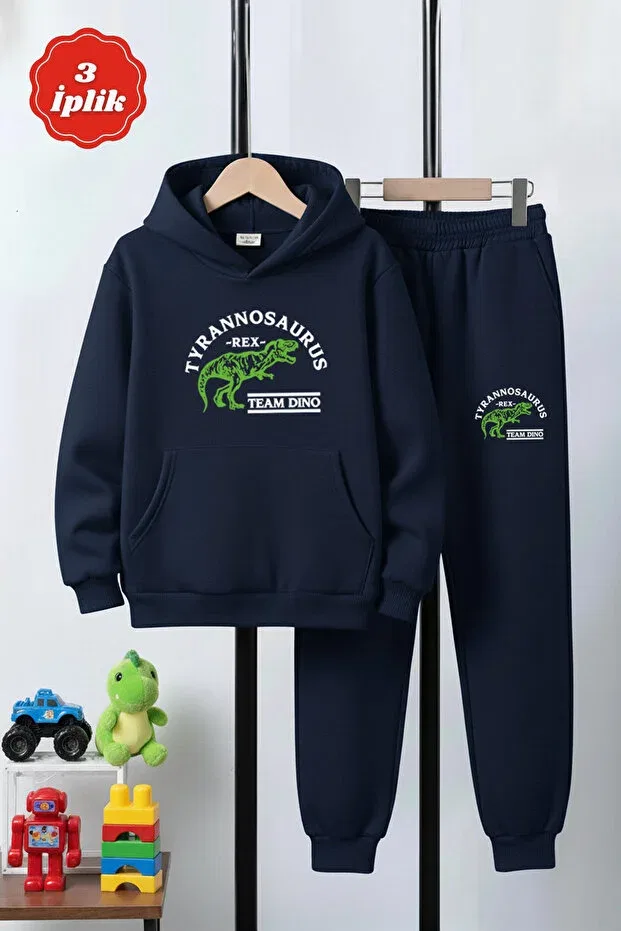 Детский спортивный костюм для мальчиков с принтом 3 iplik ş fleece-lined winter kangaroo pocket k hooded print detailed boys' tracksuit set Ya Ko Kids, Navy Blue