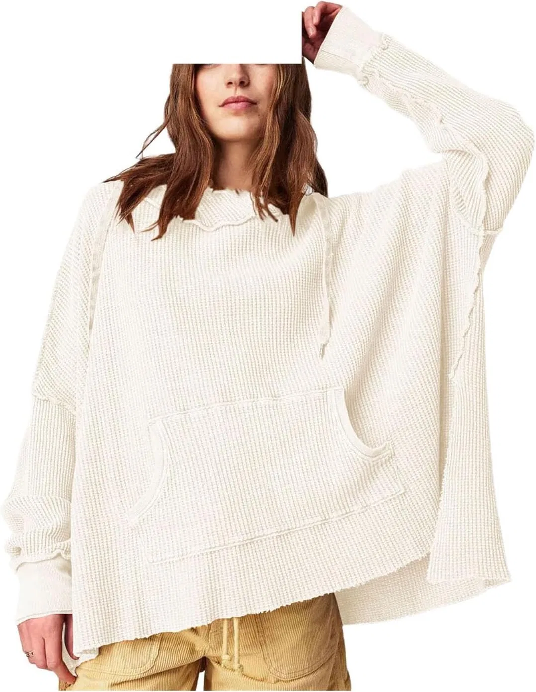 Женский оверсайз пуловер с капюшоном и длинным рукавом, пэчворк, Casual Fashion Top, кремовый/белый