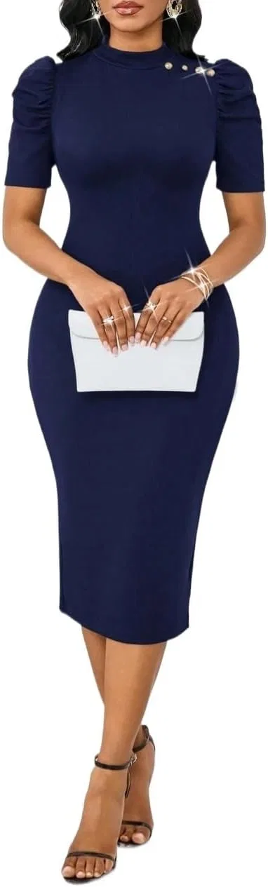 Женское элегантное платье миди с пышными рукавами Navy Blue