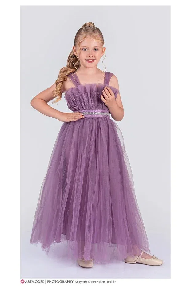 Детское платье для девочек хлопковое E.T.Ç baby stone belted ruffle detailed girl's dress Etç Baby, Dark Lilac — фото 2