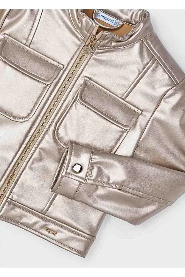 Детское зимнее пальто для девочек с капюшоном Winter Girl's Jacket Gold And Silver Mix Mayoral, Beige — фото 2