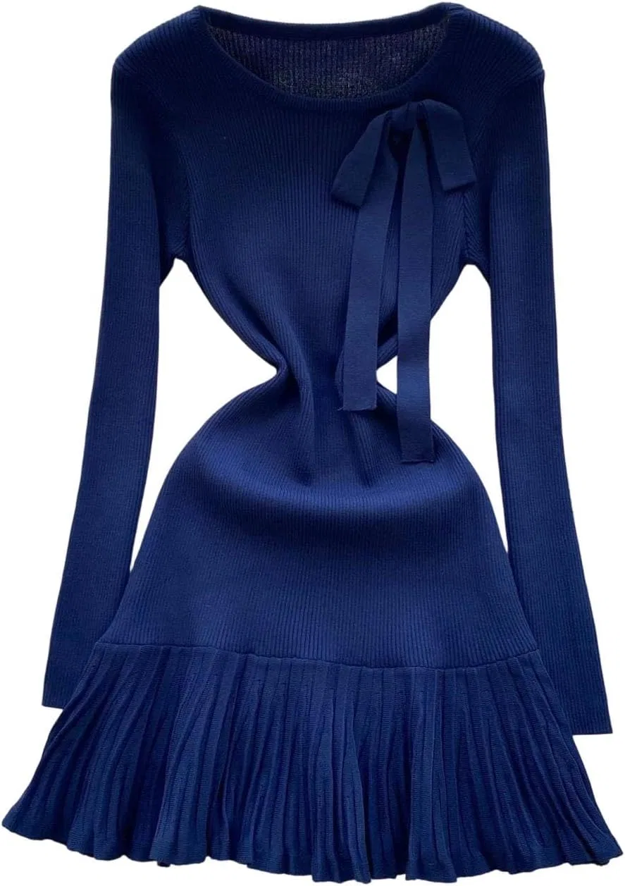 Женское мини-платье с бантом O-Neck Slim Fit, Deep Blue