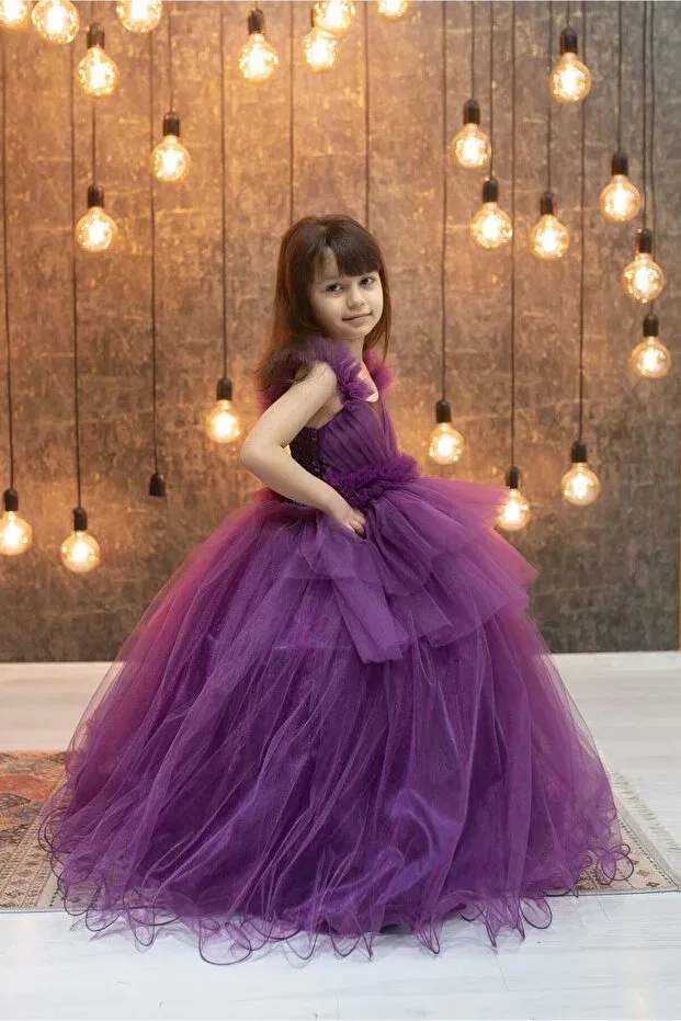 Детское платье для девочек с пайетками Size Pleated Double Layer Handkerchief Skirt Stylish Looking 2025 Our New Season Model Evening Dress With Tarlan Generic Brands, Purple — фото 2