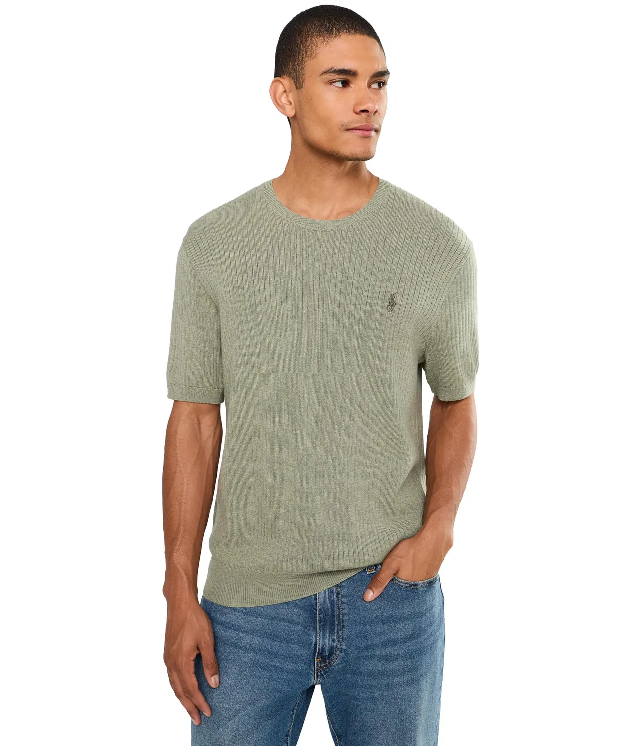 Хлопковый свитер с коротким рукавом в рубчик Polo Ralph Lauren, Fern Green Heather