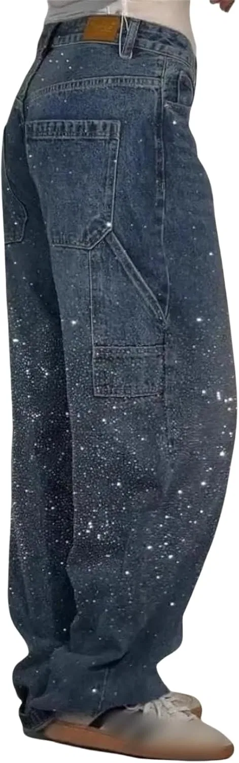 Женские джинсы с принтом, модель Straight Wide Leg Sparkly Pearl Jeans, розовый — фото 4
