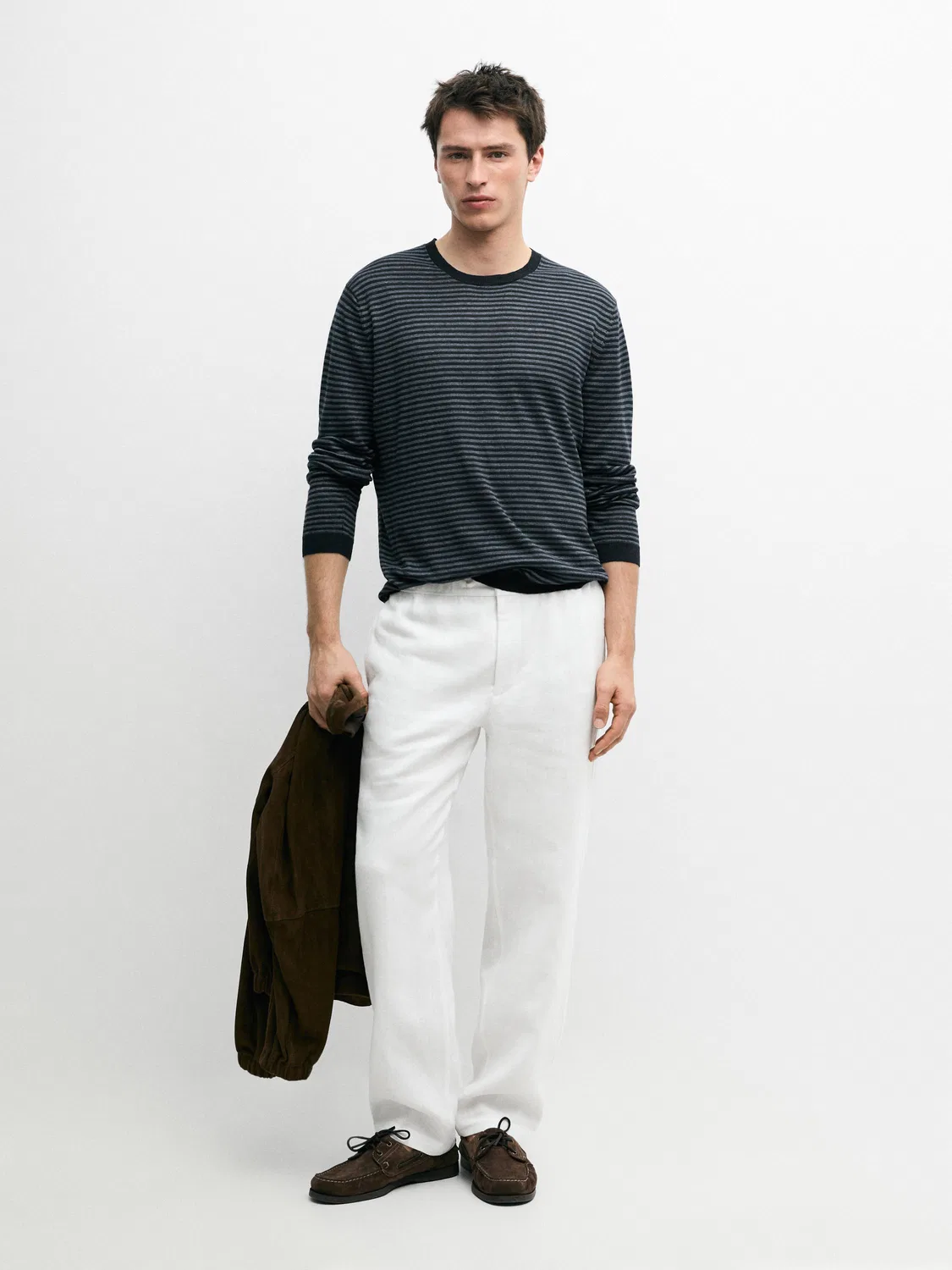 Льняной свитер с полосатым узором Massimo Dutti, темно-синий