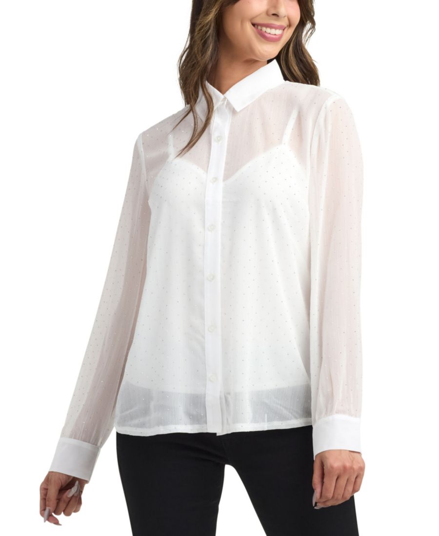 

Женская шифоновая рубашка с длинными рукавами, украшенная заклепками BCX, Off White