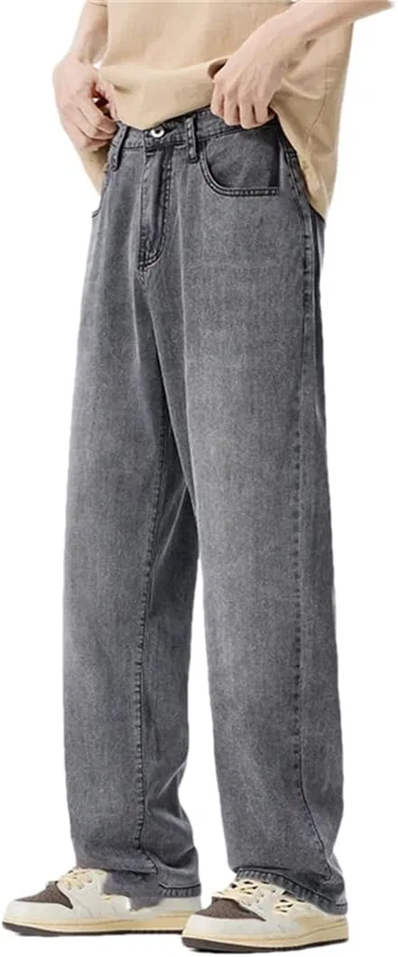 Джинсы прямые, зауженные, серые, Men's Washed Straight Jeans