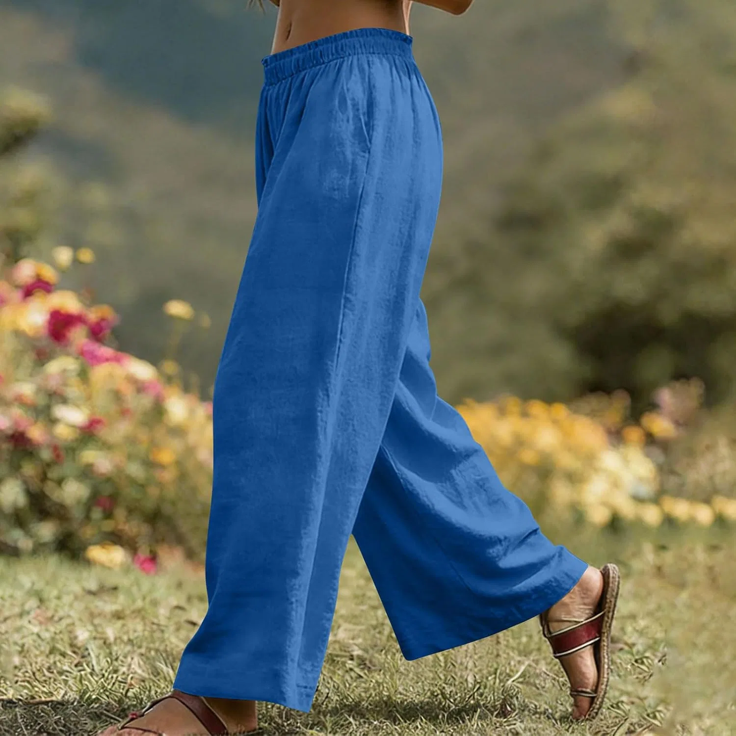 Generic Женские широкие брюки-палаццо, модные в стиле 2026 года, легкие, струящиеся, в стиле бохо, пляжные, удобные, с высокой талией, для отдыха, A#01 Blue — фото 3
