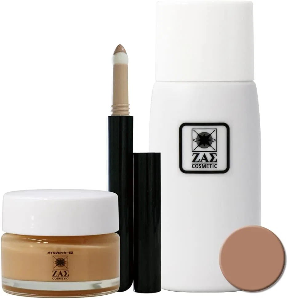 Набор косметики ZAS Makeup 3 Piece Set: матирующий крем Anti-Glare Oil Blocker EX, основа Biz Fine Color (New Amber, Slightly Tan), консилер Spot Makeup Concealer for Men (Dark), 20 г Zas Cosmetics