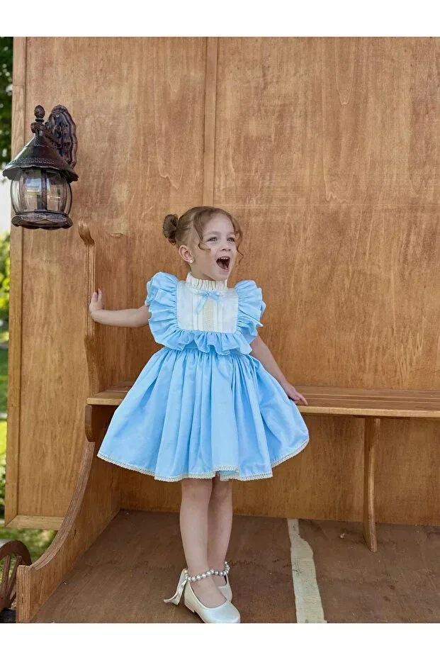 Детское платье для девочек с принтом Defne blue bow vintage baby girl dress Hly Karol Tasarım, Blue — фото 2