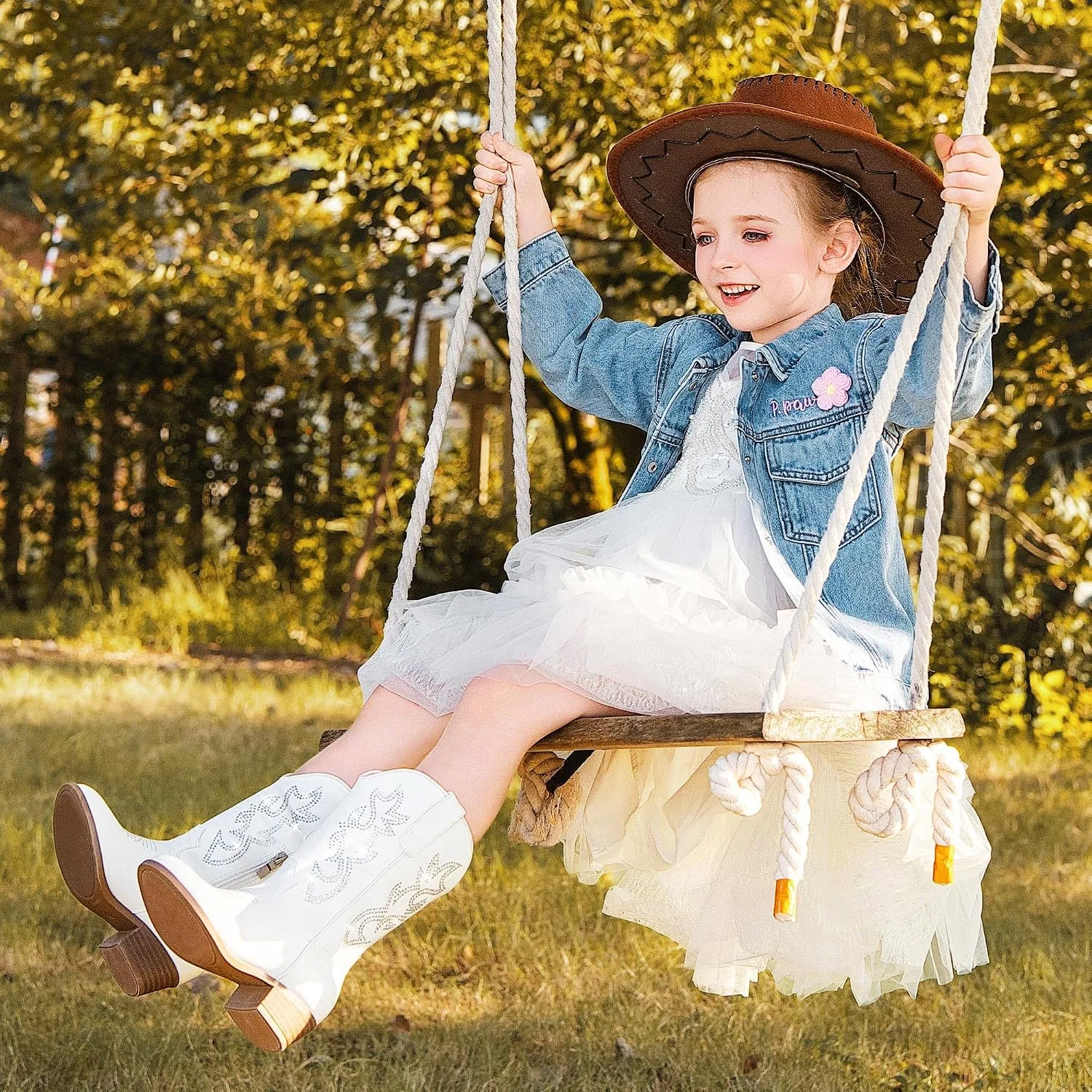 Детские сапоги для девочек с принтом Cowboy Boots for Girls Rhinestone Cowgirl Boots Little Big Kid LAURMOSA, White Rhinestone — фото 3