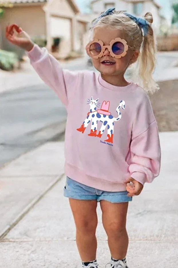 Детское худи для девочек с принтом Girl's Cat Printed Monila, Pink