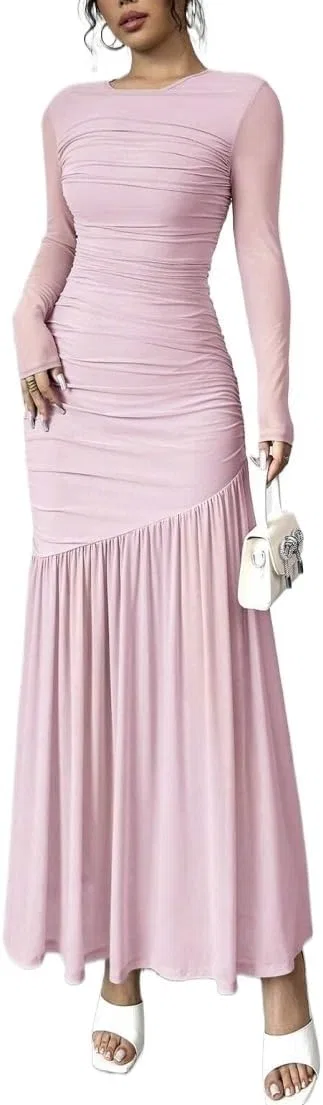 Женское длинное платье Bodycon с круглым вырезом Pink