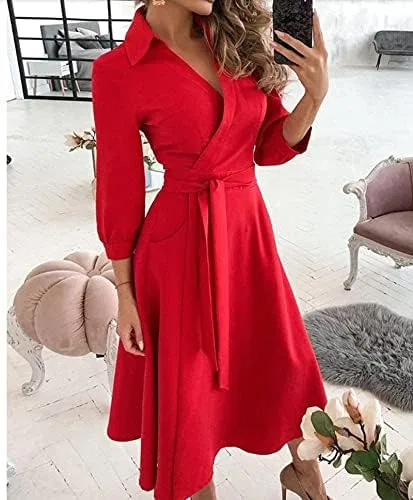 Женское платье-трапеция с воротником и поясом, Bohemian Spring Style, красный — фото 2