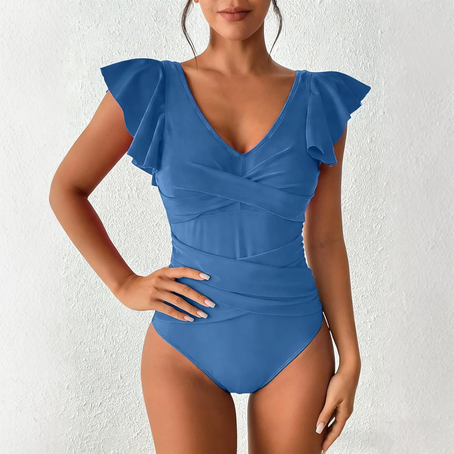 Женский цельнокроеный купальник с рюшами и утяжкой живота Retro, Blue — фото 2