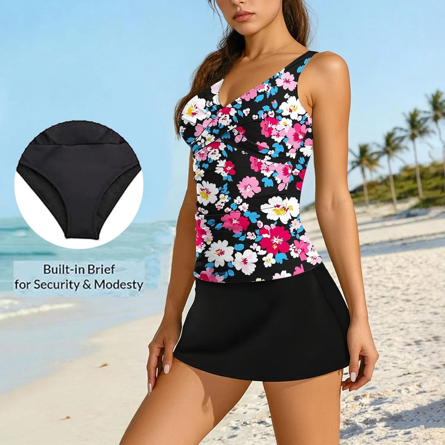 Женский танкини с юбкой, контроль живота, Summer Floral Print, Black — фото 3