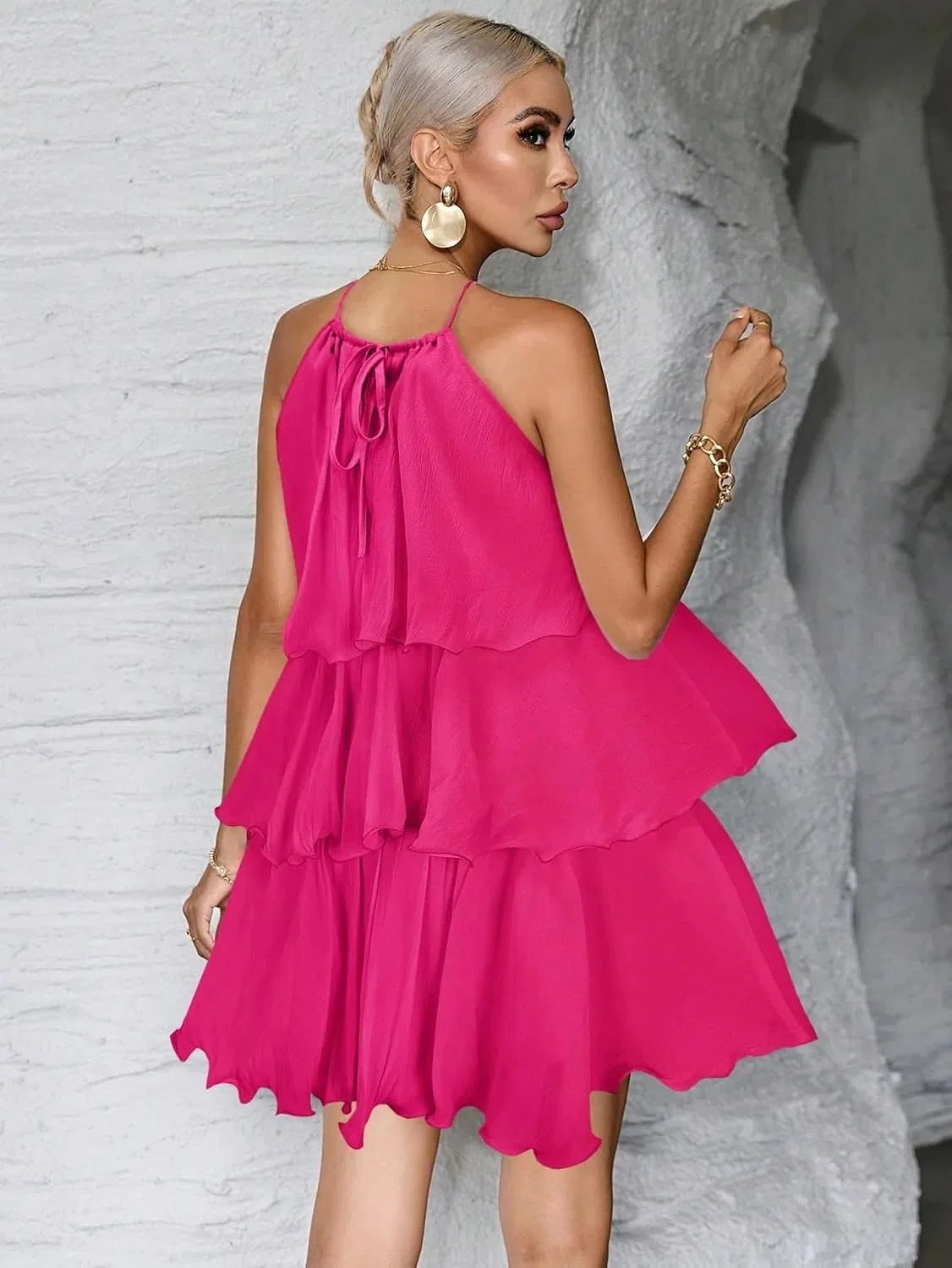 Женское повседневное платье-комбинация с ярусной юбкой, Hot Pink — фото 3