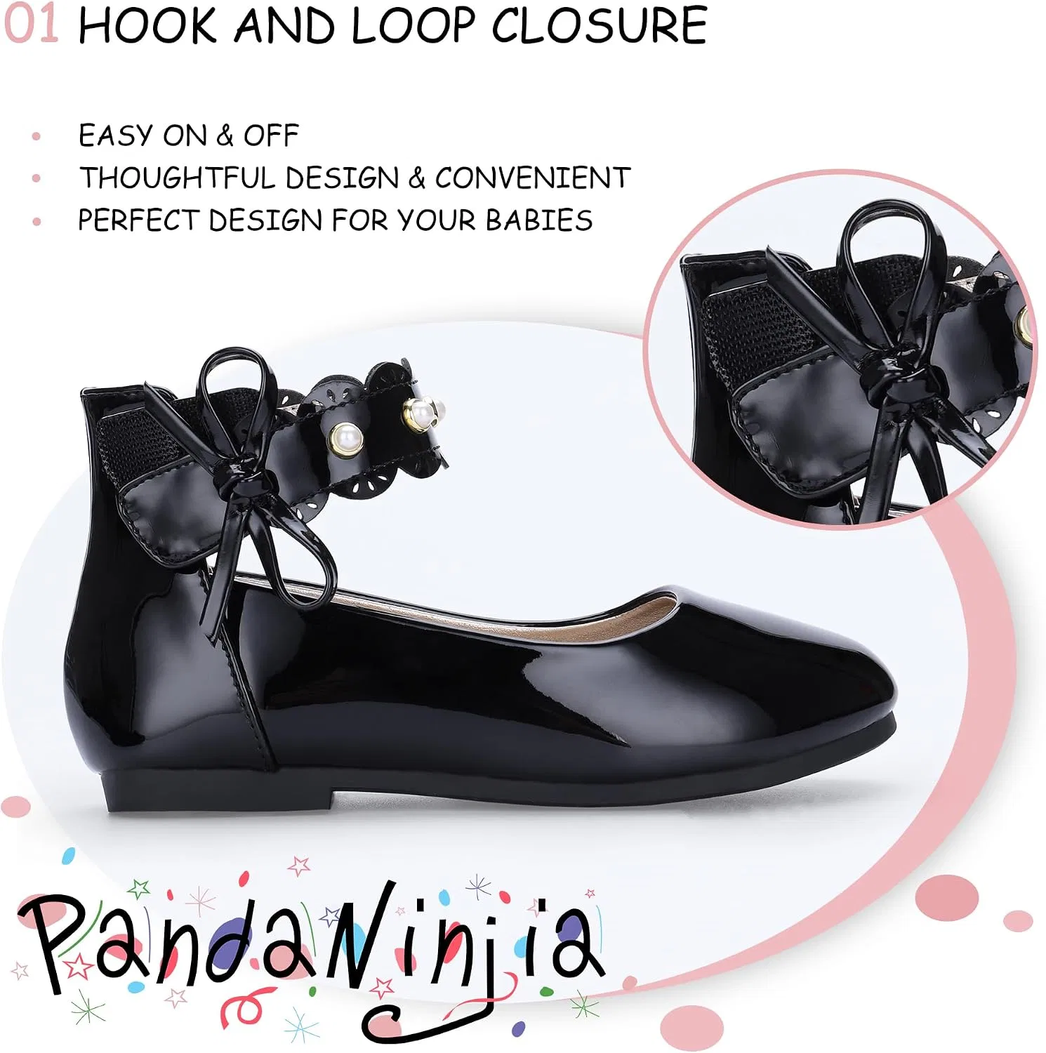 Детские балетки для девочек с жемчугом PANDANINJIA, Black Patent — фото 3