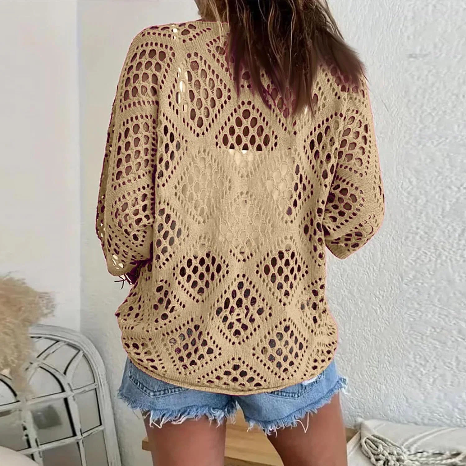 Женская блузка с вырезом и рукавом 3/4, Bohemian Crochet, L001-complexion — фото 4